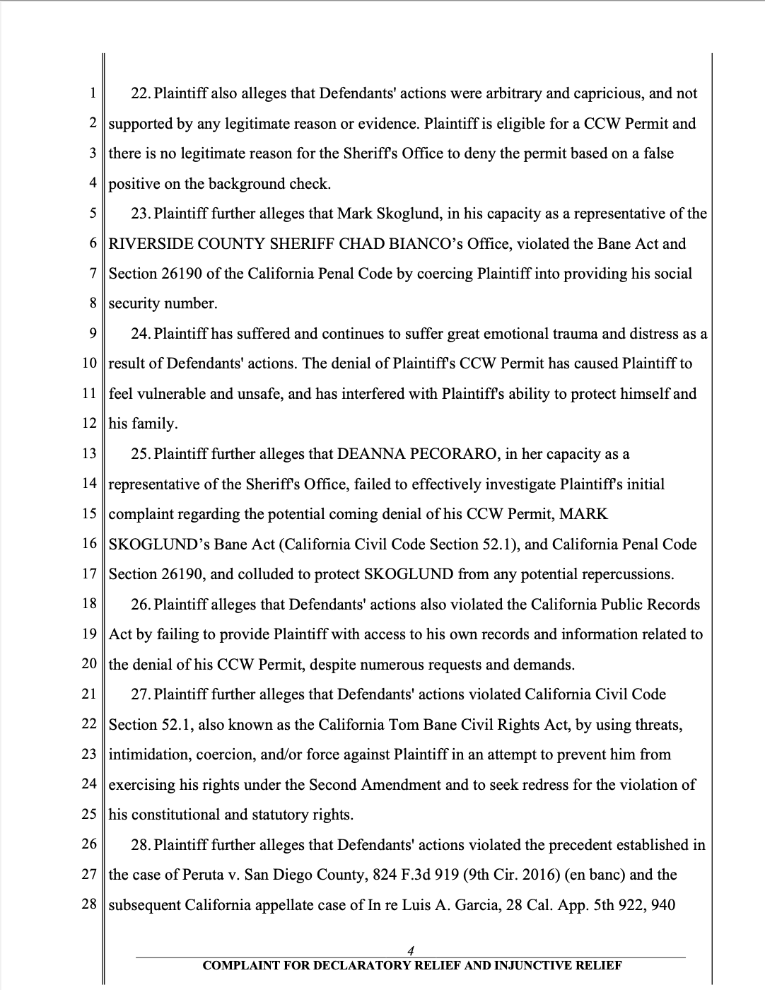 Riverside Sheriff Violation of the Bane Act Second Fourteenth Amendment and Constitutional Rights 4