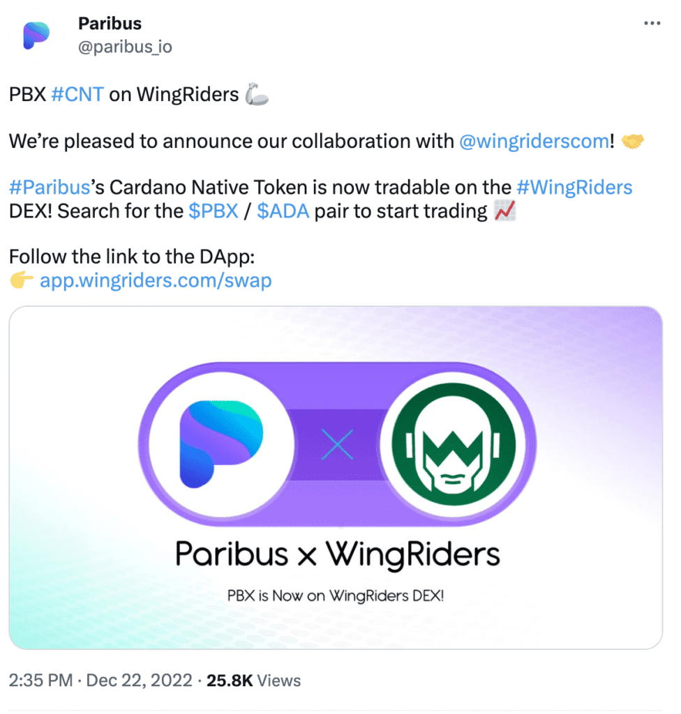 Paribus PBX laucnhes on Cardano ADA Wingriders DEX