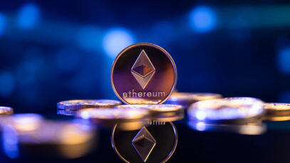 Ethereum,(eth),Cryptocurrency,Coin,In,Front,Of,An,Abstract,Blue