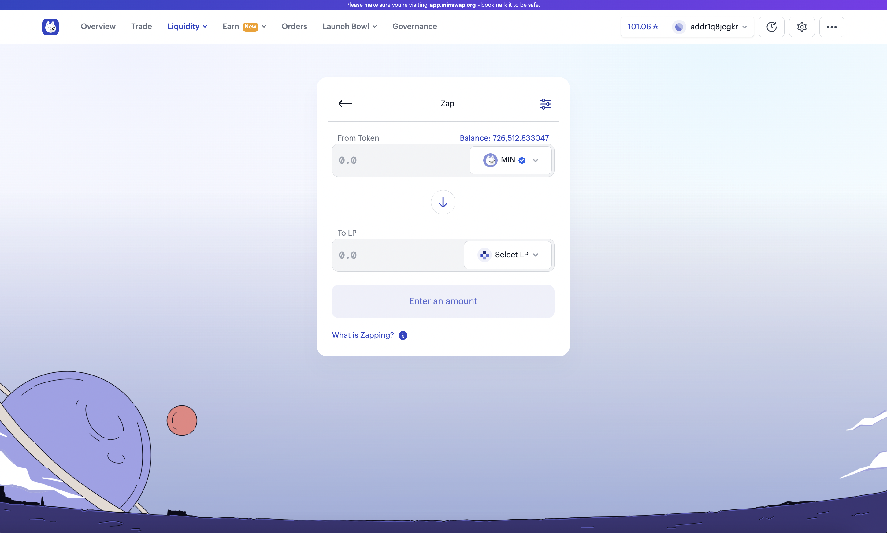 Minswap Zapping to add liquidity